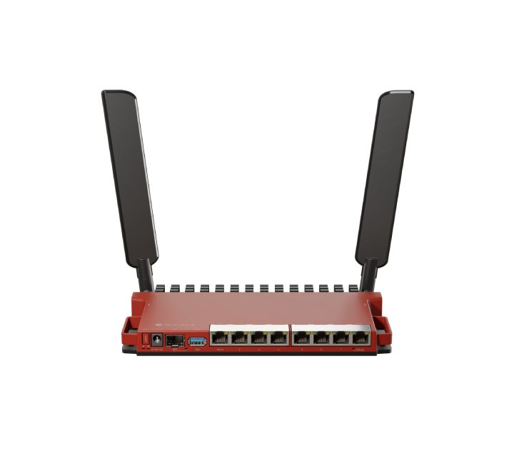 Front view of the MikroTik L009UiGS-2HaxD-IN Wi-Fi 6 router showing its red casing and wireless antennas.