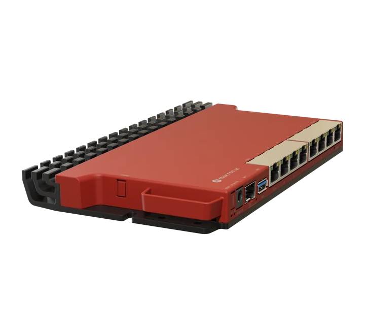 MikroTik L009UiGS-RM package contents including the red rackmount router, power adapter, and K-79 mounting kit.