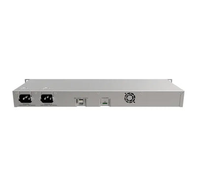Rear viewpoint of the MikroTik RB1100AHx4 router showing the dual integrated failover AC power connectors and active cooling vents.