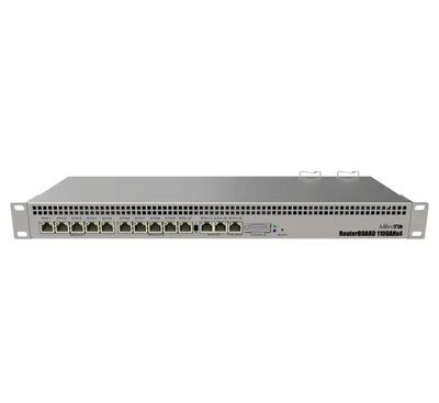 Front interface layout of the 1U rackmount MikroTik RB1100AHx4 enterprise router showing the 13 labeled Gigabit ports and RS232 console.