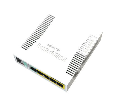 Side view of MikroTik RB260GSP CSS106 switch highlighting 4 Passive PoE-Out ports and compact casing