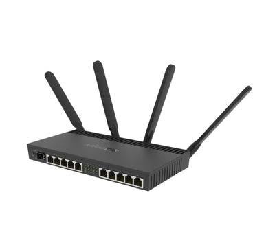Rear panel of MikroTik RB4011 router displaying 10 Gigabit Ethernet ports and 10Gbps SFP+ slot