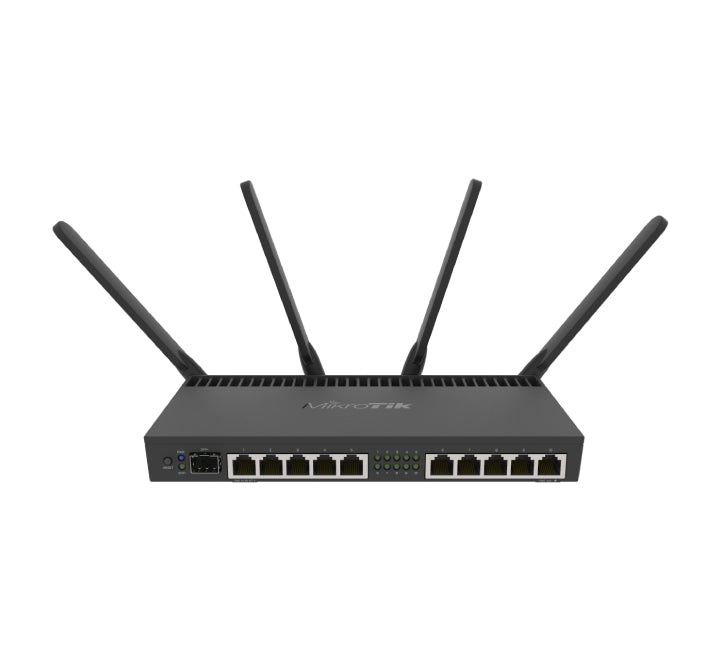 MikroTik RB4011iGS+5HacQ2HnD-IN desktop router front view showing metal enclosure and ports