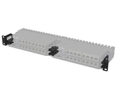 Four MikroTik RB5009 routers mounted together in a single 1U 19-inch server rack using the K-79 bracket kit.