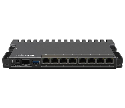 MikroTik RB5009UG+S+IN compact 4-core router front panel view showing port arrangements.