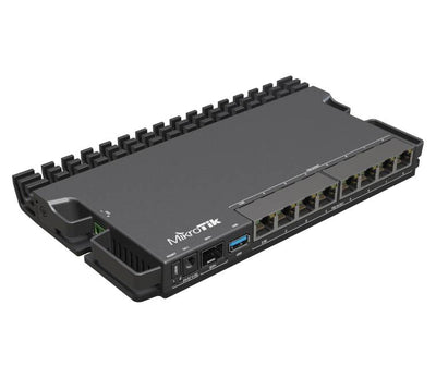 Close-up of MikroTik RB5009UPr+S+IN back panel showing PoE-in, PoE-out ports, and power terminals