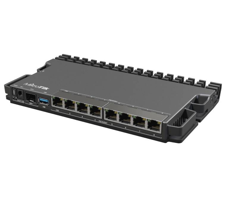 MikroTik RB5009UPr+S+IN high-performance networking router installed in a server rack