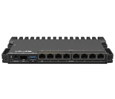 MikroTik RB5009UPr+S+IN 4-core 1.4GHz router front view showcasing Ethernet ports and SFP+ cage