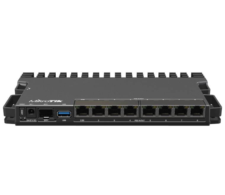 MikroTik RB5009UPr+S+IN 4-core 1.4GHz router front view showcasing Ethernet ports and SFP+ cage