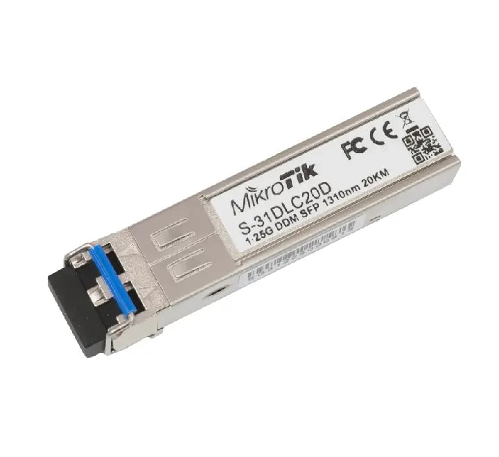 Profile view of the metal MikroTik S-31DLC20D 1.25G SFP single mode optical transceiver module with integrated latching handle.