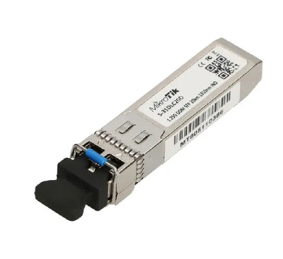 Front port view of the MikroTik S-31DLC20D mini-GBIC transceiver showcasing the dual LC UPC duplex fiber configuration ports.