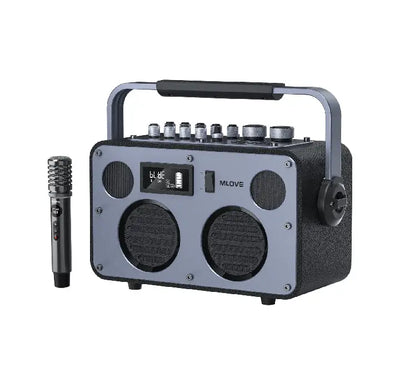 MLOVE Rangers S3Pro portable karaoke speaker in black showing control panel and front speaker grille