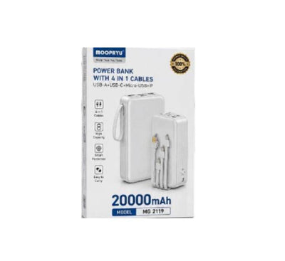 Moopryu MG-2119 20000mAh Power Bank displaying integrated USB-C, Lightning, and Micro-USB cables