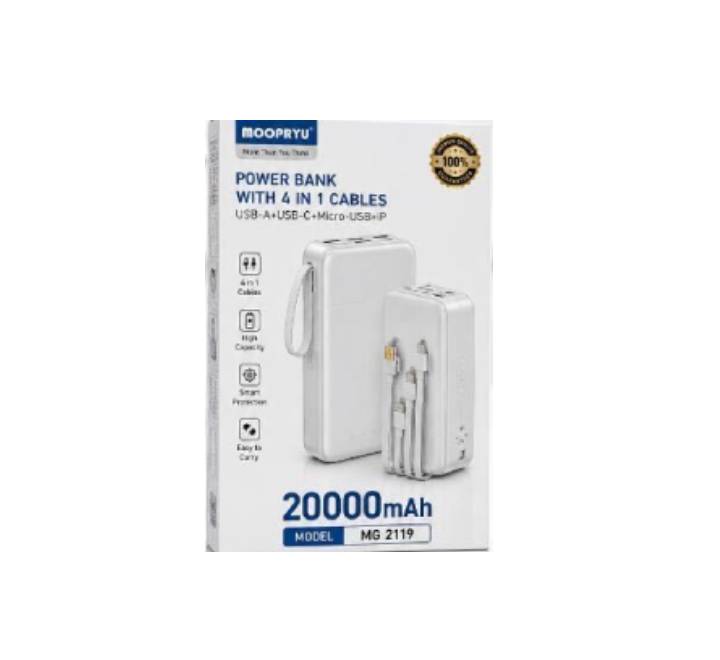 Moopryu MG-2119 20000mAh Power Bank displaying integrated USB-C, Lightning, and Micro-USB cables