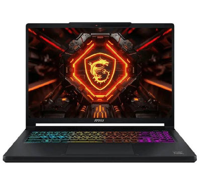 Top view of the MSI Crosshair 16 HX black gaming laptop showing its RGB keyboard and sleek chassis design.