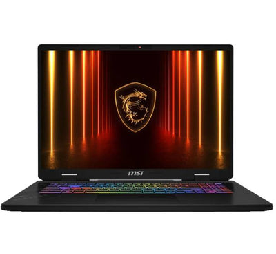 MSI Crosshair A17 HX gaming laptop in Cosmos Gray viewed from an angled front perspective, highlighting its 17-inch QHD+ display and futuristic chassis.