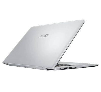 Side profile profile of the MSI Modern 14 F13MG laptop detailing the USB Type-C port with Power Delivery, HDMI output, and microSD card reader.