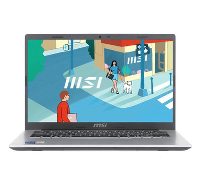 Front view of the MSI Modern 14 F13MG-844TH thin and light laptop in Urban Silver, showcasing its open 14-inch Full HD display.