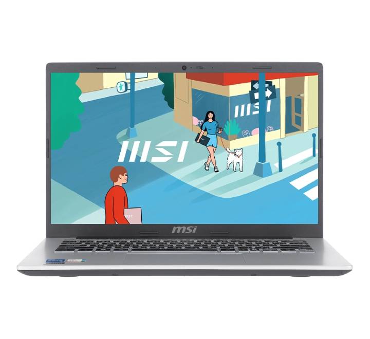 Front view of the MSI Modern 14 F13MG-844TH thin and light laptop in Urban Silver, showcasing its open 14-inch Full HD display.