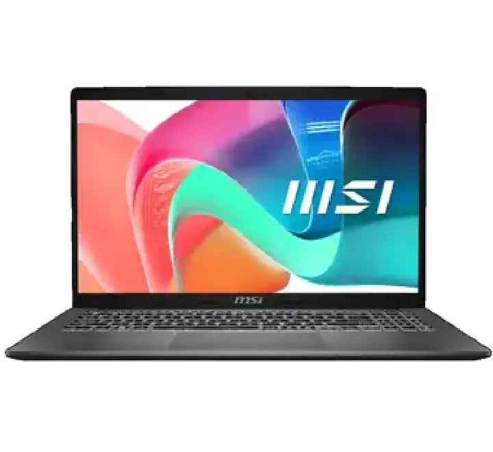 Front view of the MSI Modern 15 F13MG-1080TH 15.6 inch laptop in platinum gray, displaying the Windows 11 Home desktop layout.