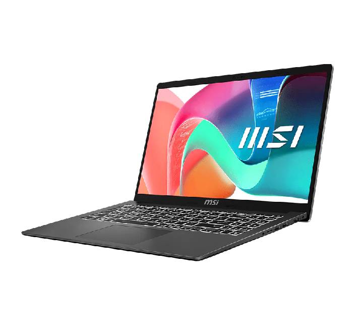 Angle view of the MSI Modern 15 F13MG showcasing its 15.6-inch FHD display and 180-degree hinge layout.