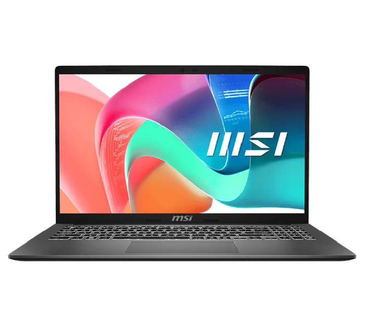 MSI Modern 15 F13MG laptop in Platinum Gray showing its sleek profile and illuminated keyboard.