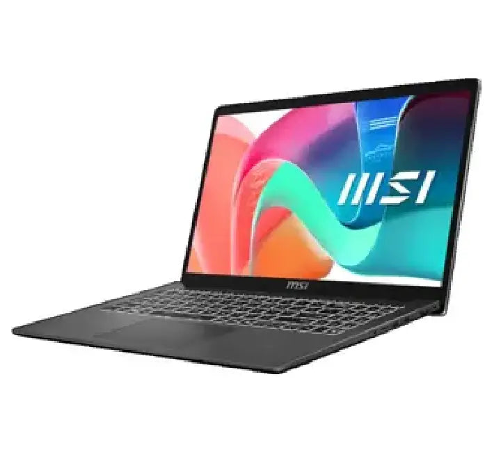 Side profile view showcasing the ultra thin and lightweight design of the grey MSI Modern 15 business and student laptop.
