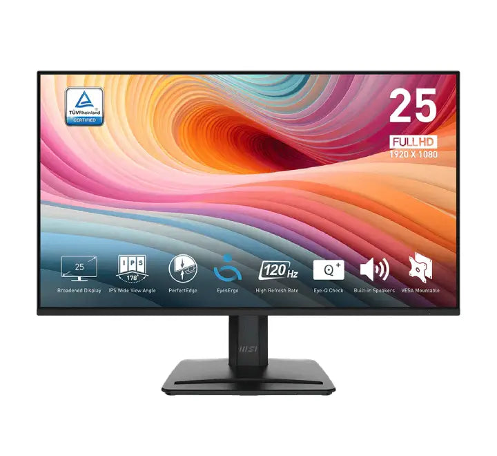 Front view of the MSI PRO MP251 E2 24.5-inch business monitor showing its ultra-slim 4-sided bezels and bright Full HD IPS display.