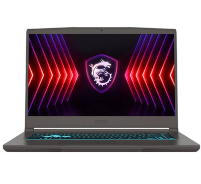 MSI Thin 15 B13UC 2415TH gaming laptop in Cosmos Gray showing blue backlit keyboard and 144Hz display