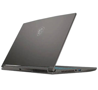 Slim side view of MSI Thin 15 B13UC showing USB Type-C, HDMI, RJ45 LAN, and audio ports