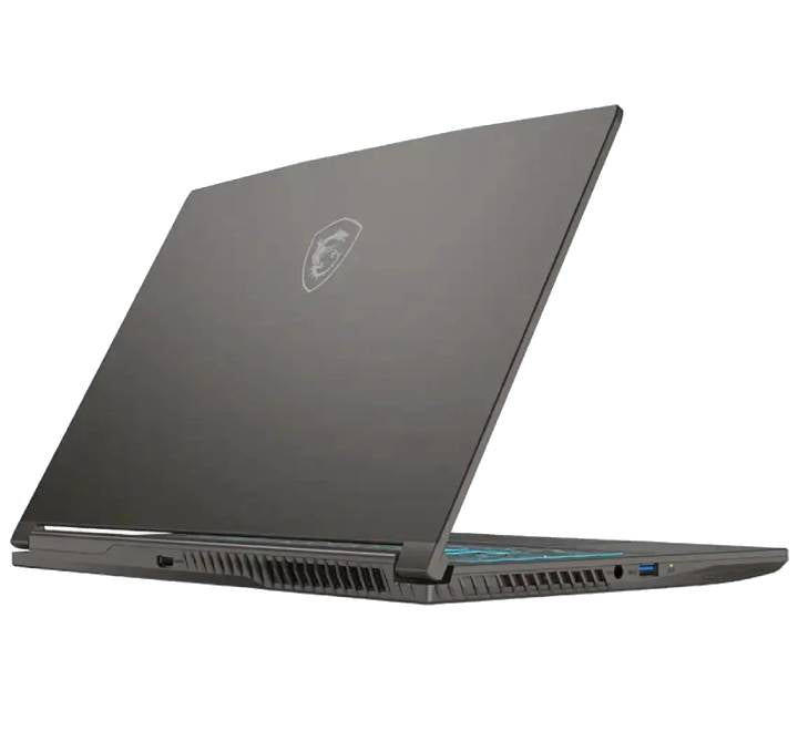 Slim side view of MSI Thin 15 B13UC showing USB Type-C, HDMI, RJ45 LAN, and audio ports