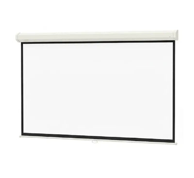 Nippon Motorized Series 144x144 inch seamless electric projector screen fully lowered in matte white with remote control