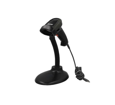 Nippon SC-568 1D 2D handheld barcode scanner in black mounted on adjustable stand