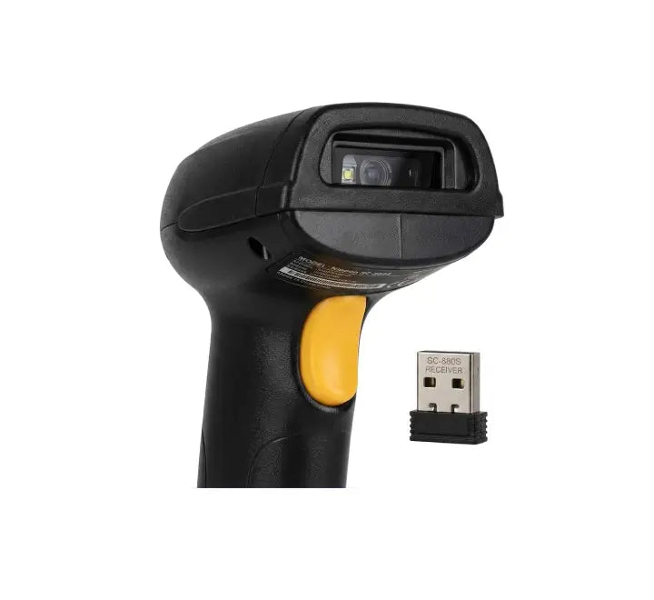 Nippon SC-880S wireless barcode scanner scanning a 2D QR code on a retail product package.