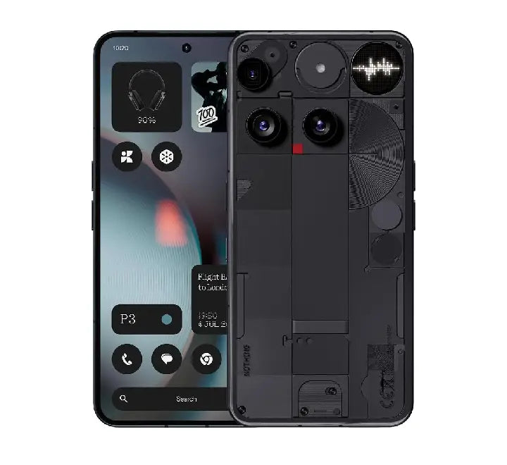 Rear perspective showcase of the Nothing Phone (3) in Black, emphasizing the distinct triple 50MP camera setup with periscope telephoto zoom lens and dark translucent signature design aesthetics.
