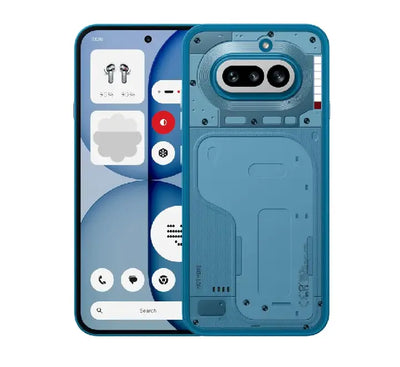Close up shot of the rear triple camera modules on the Blue Nothing Phone 4a highlighting the 50MP periscope zoom lens.