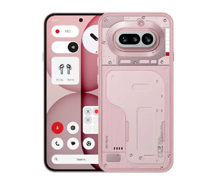 Rear view of the transparent Pink Nothing Phone 4a showcasing the illuminated 63 mini-LED Glyph Bar notification lighting.