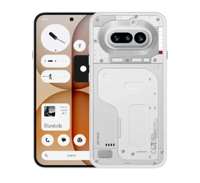 Front and side profile of the White Nothing Phone 4a displaying the bright 6.78 inch flexible AMOLED screen with thin bezels.