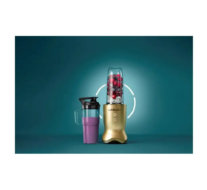NutriBullet Ultra Gold 1200W blender quietly extracting a healthy fruit smoothie