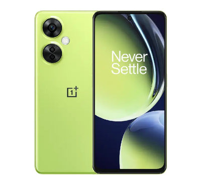 Front and back view of the OnePlus Nord CE 3 Lite 5G smartphone in vibrant Pastel Lime finish, showcasing the clean dual-ring camera design.