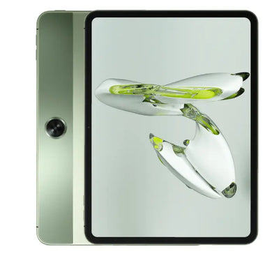 Front view of the OnePlus Pad Go in Twin Mint featuring an 11.35 inch 2.4K screen displaying vibrant wallpapers.