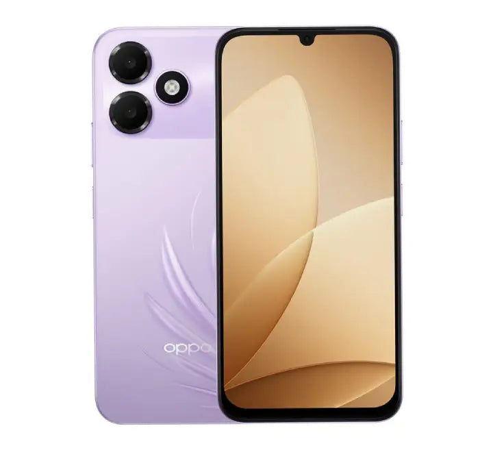 Close-up rear view of the OPPO A6c in Feather Purple, highlighting the dual-camera system and the 128GB internal storage capacity.