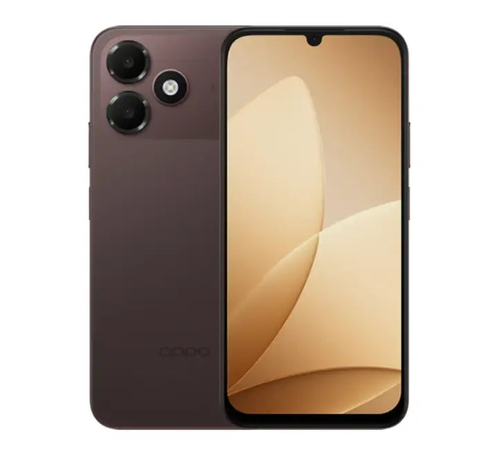 A product lineup showing the OPPO A6c available in three colors: Stone Brown, Feather Purple, and Feather White, illustrating the textured finishes.