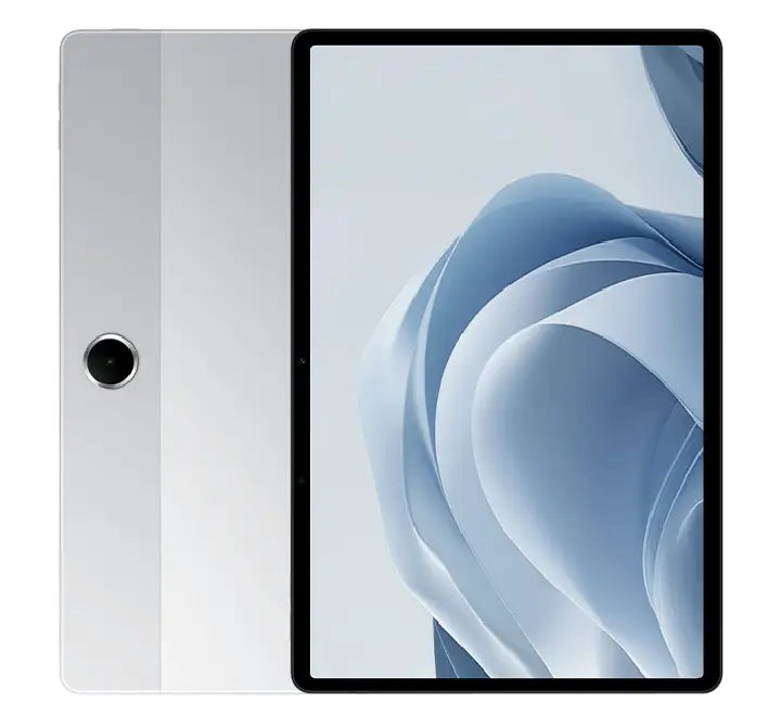 Angled shot of the ultra-thin premium metallic body of the OPPO Pad SE WiFi tablet in Starlight Silver.