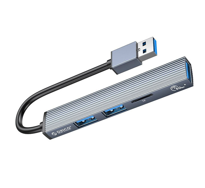 Side view of the gray ORICO aluminum hub highlighting the USB 3.0 port, dual USB 2.0 ports, and dedicated TF micro SD reader layout.