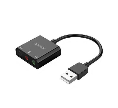 ORICO SKT3 external USB audio sound card adapter with 3-port 3.5mm outputs and integrated 10cm cable.