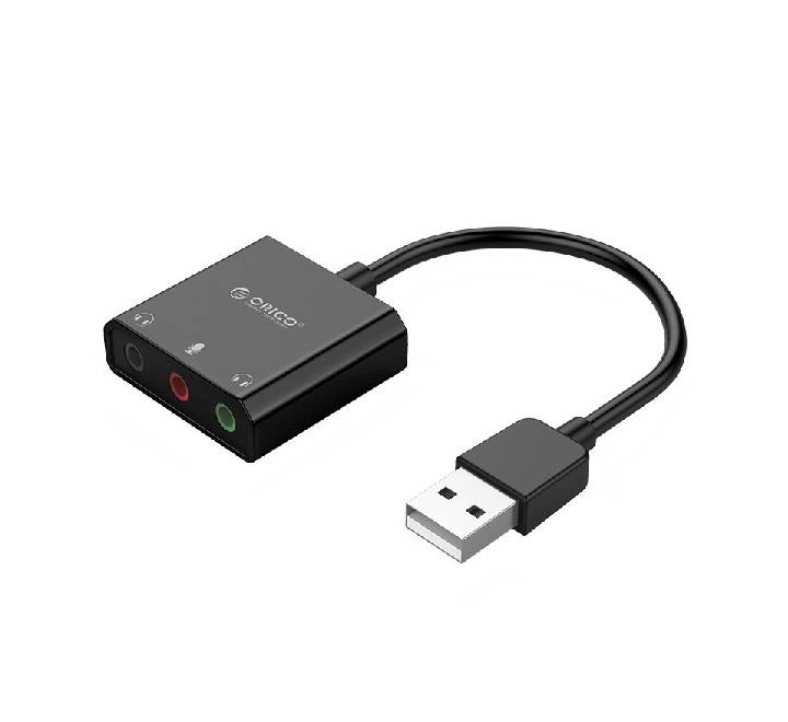 ORICO SKT3 external USB audio sound card adapter with 3-port 3.5mm outputs and integrated 10cm cable.