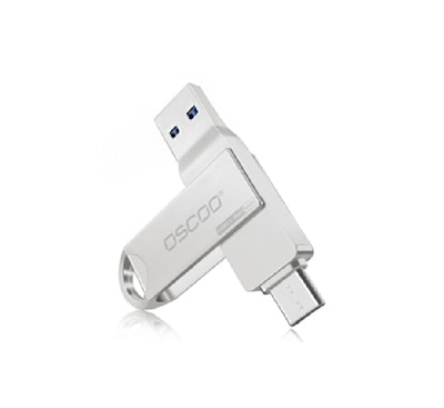 OSCOO CU002 Dual OTG USB Flash Drive in sleek silver zinc alloy showing Type-C and USB 3.1 interfaces.