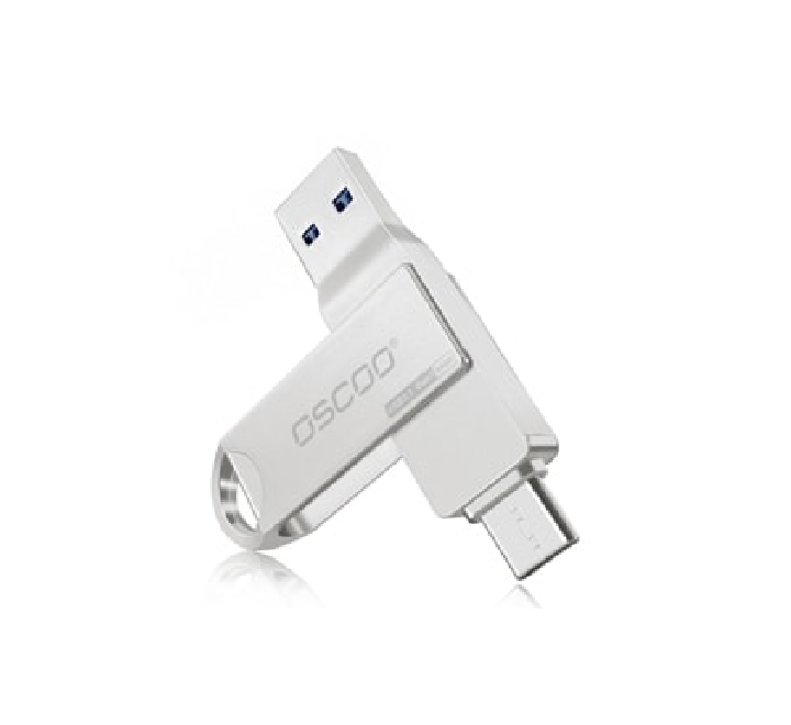OSCOO CU002 Dual OTG USB Flash Drive in sleek silver zinc alloy showing Type-C and USB 3.1 interfaces.