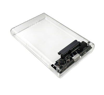OSCOO OSHD1 premium transparent 2.5-inch SATA hard drive and SSD external enclosure showcasing its internal circuit board.